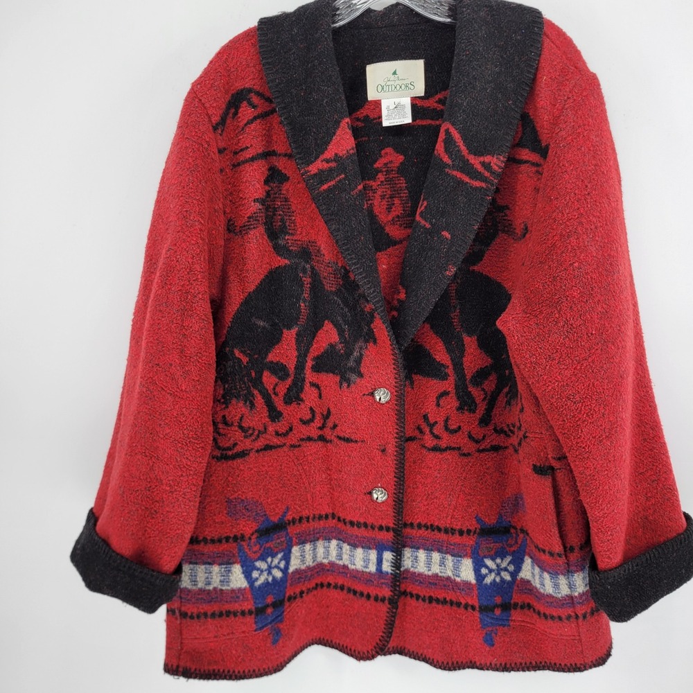 VTG Johnny Morris Outdoors Western Wool Blend Jacket Red Bronco Horse Button L